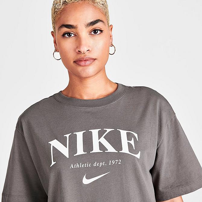 On Model 5 view of Women's Nike Sportswear Short-Sleeve Graphic Dress in Cave Stone/White Click to zoom