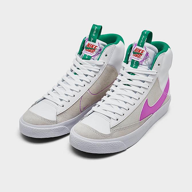 Three Quarter view of Big Kids' Nike Blazer Mid '77 SE Dance Casual Shoes in White/Fuchsia Dream/Stadium Green/Picante Red Click to zoom