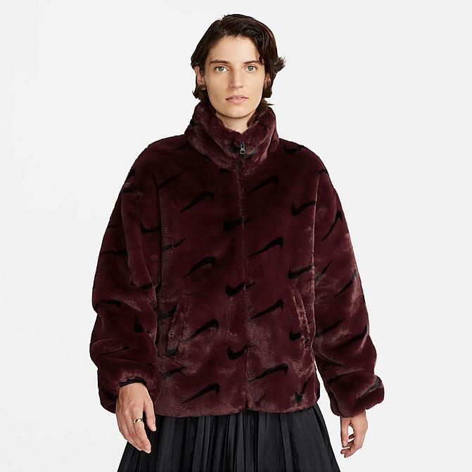 Front view of Womens Nike Sportswear Plush Fur All-over Print Jacket in Burgundy Crush/Black/Black Click to zoom