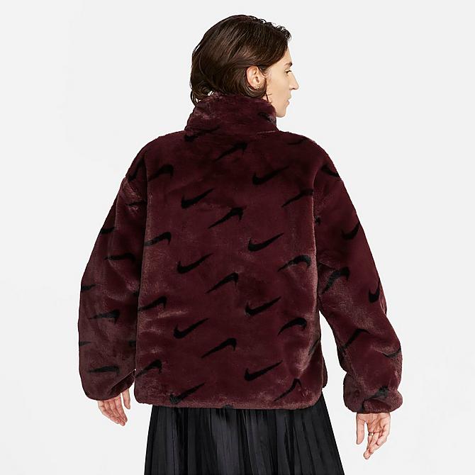 Front Three Quarter view of Womens Nike Sportswear Plush Fur All-over Print Jacket in Burgundy Crush/Black/Black Click to zoom