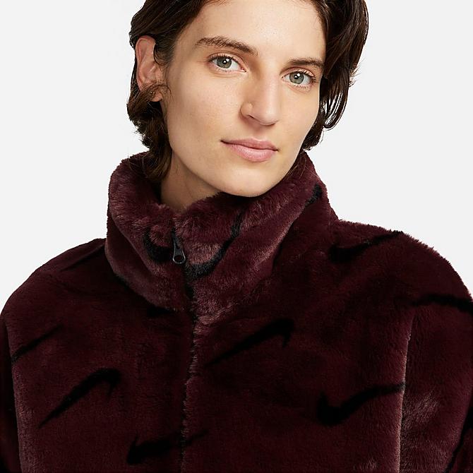 Back Right view of Womens Nike Sportswear Plush Fur All-over Print Jacket in Burgundy Crush/Black/Black Click to zoom