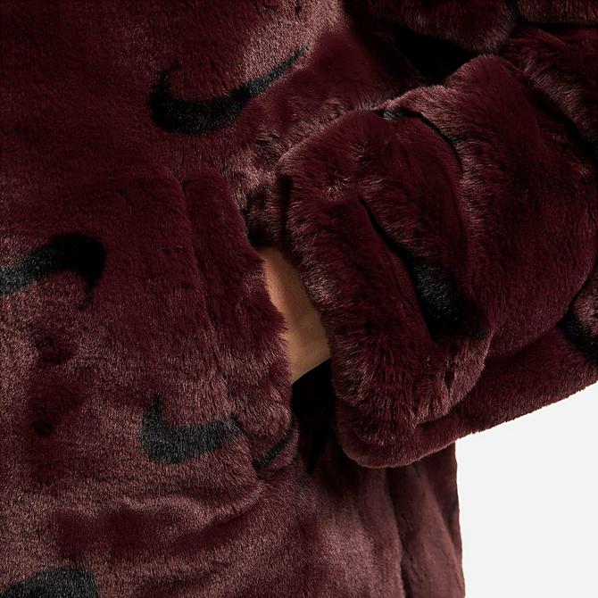 On Model 5 view of Womens Nike Sportswear Plush Fur All-over Print Jacket in Burgundy Crush/Black/Black Click to zoom
