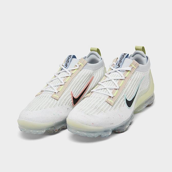 Three Quarter view of Nike Air VaporMax 2021 Flyknit Running Shoes in White/Black/Light Madder Root/Light Marine/Metallic Silver/Mint Foam Click to zoom
