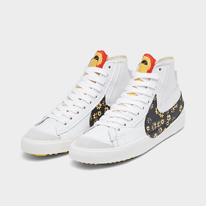 Three Quarter view of Nike Blazer Mid '77 Jumbo Swoosh Casual Shoes in White/Multicolor/Habanero Red/Vivid Sulfur/Coconut Milk/Sail Click to zoom