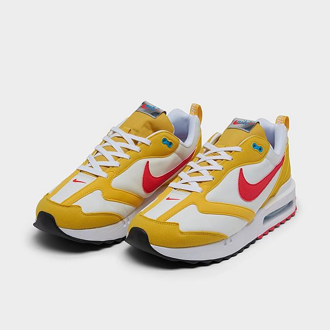 Three Quarter view of Men's Nike Air Max Dawn Casual Shoes in Vivid Sulfur/Siren Red/Summit White/White/Black/Laser Blue Click to zoom