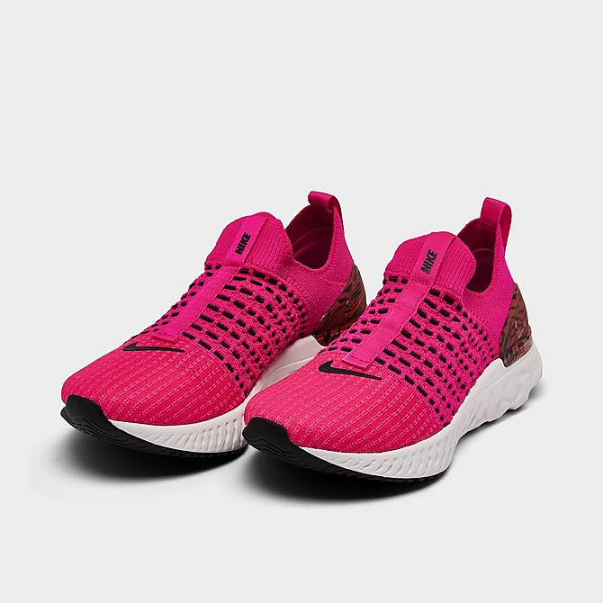 Three Quarter view of Women's Nike React Phantom Run Flyknit 2 Running Shoes in Pink Prime/Black/Phantom/Habanero Red Click to zoom