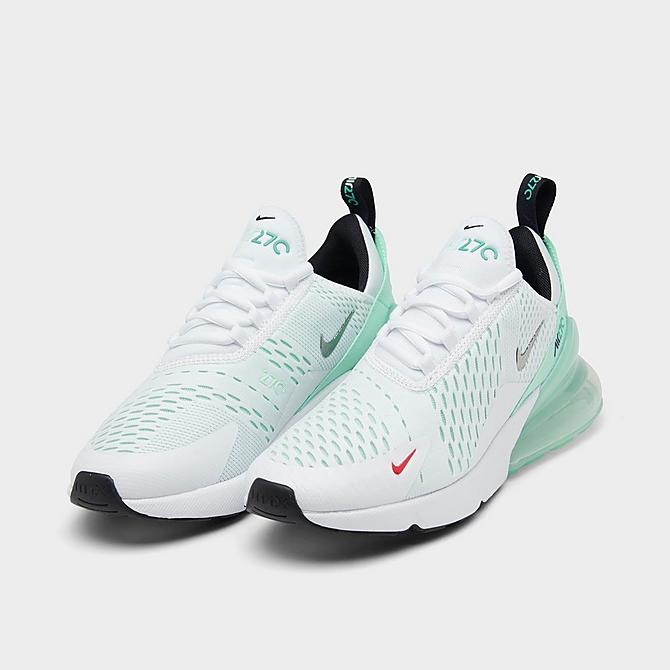 Three Quarter view of Women's Nike Air Max 270 SE Casual Shoes in White/Metallic Silver/Mint Foam Click to zoom