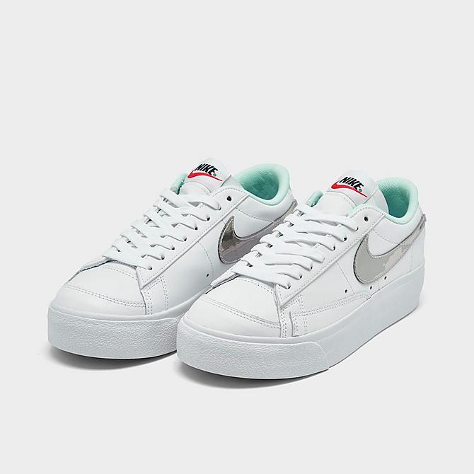 Three Quarter view of Women's Nike Blazer Low Platform SE Casual Shoes in White/Mint Foam/Siren Red/Metallic Silver Click to zoom