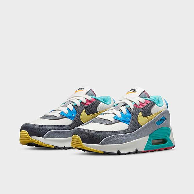 Three Quarter view of Little Kids' Nike Air Max 90 Casual Shoes in Phantom/Celery/Iron Grey/Rush Pink/Photo Blue Click to zoom