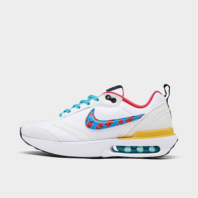 Right view of Big Kids’ Nike Air Max Dawn Casual Shoes in White/Multi-Color/Washed Teal/Vivid Sulfur/Siren Red/Laser Blue Click to zoom