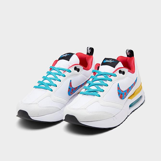 Three Quarter view of Big Kids’ Nike Air Max Dawn Casual Shoes in White/Multi-Color/Washed Teal/Vivid Sulfur/Siren Red/Laser Blue Click to zoom