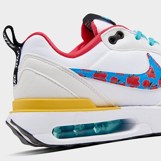 Front view of Big Kids’ Nike Air Max Dawn Casual Shoes in White/Multi-Color/Washed Teal/Vivid Sulfur/Siren Red/Laser Blue Click to zoom