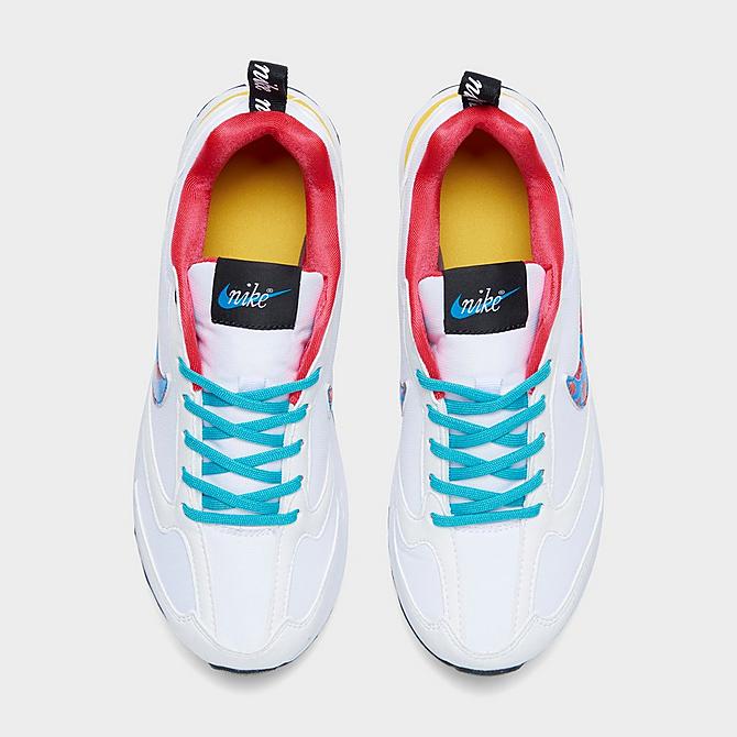 Back view of Big Kids’ Nike Air Max Dawn Casual Shoes in White/Multi-Color/Washed Teal/Vivid Sulfur/Siren Red/Laser Blue Click to zoom