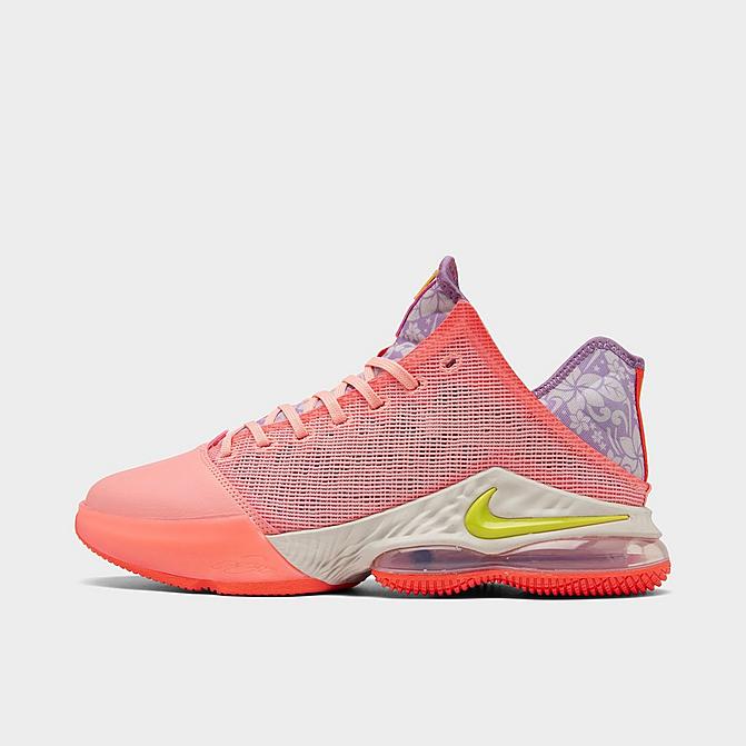 Right view of Nike LeBron 19 Low SE Basketball Shoes in Crimson Bliss/Atomic Green/Rush Orange Click to zoom