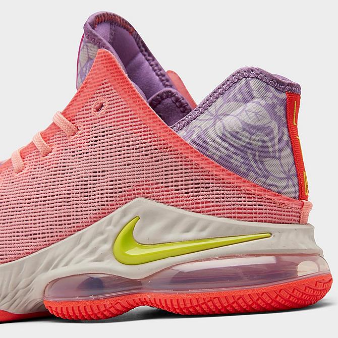 Front view of Nike LeBron 19 Low SE Basketball Shoes in Crimson Bliss/Atomic Green/Rush Orange Click to zoom