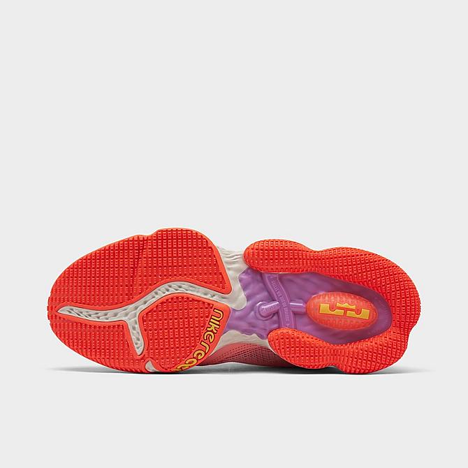 Bottom view of Nike LeBron 19 Low SE Basketball Shoes in Crimson Bliss/Atomic Green/Rush Orange Click to zoom