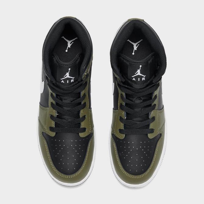 Back view of Big Kids' Air Jordan Retro 1 Mid Casual Shoes in Black/White/Medium Olive Click to zoom