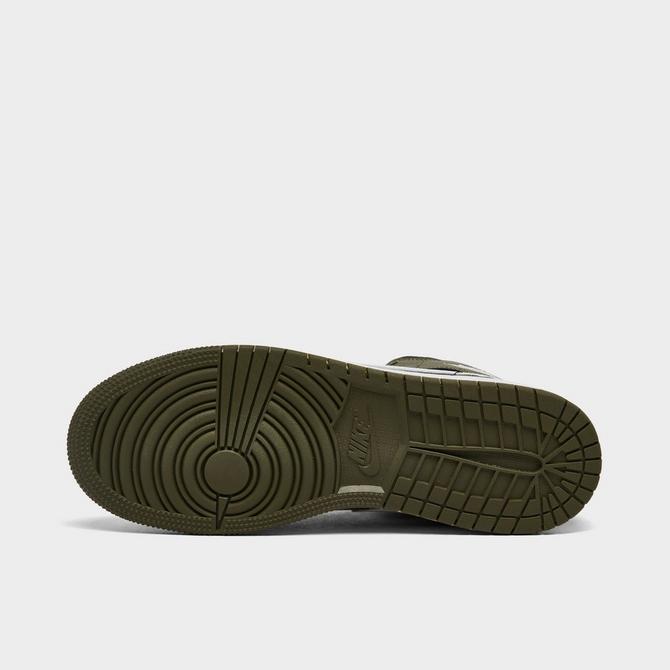 Bottom view of Big Kids' Air Jordan Retro 1 Mid Casual Shoes in Black/White/Medium Olive Click to zoom