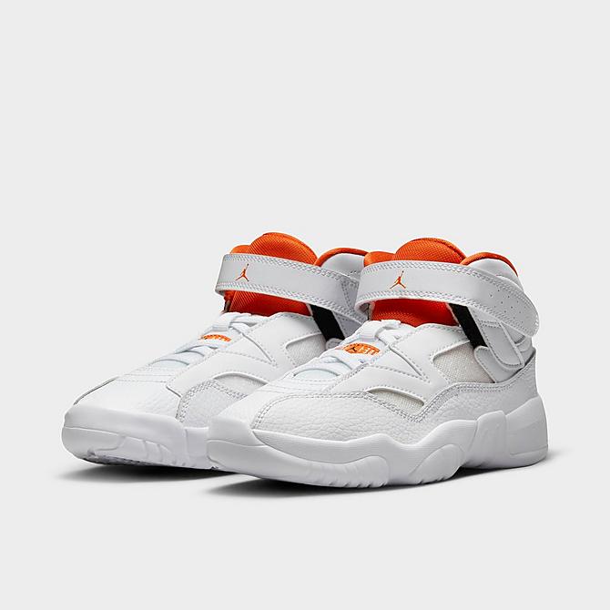 Three Quarter view of Little Kids' Jordan Jumpman Two Trey Basketball Shoes in White/Starfish/Black Click to zoom