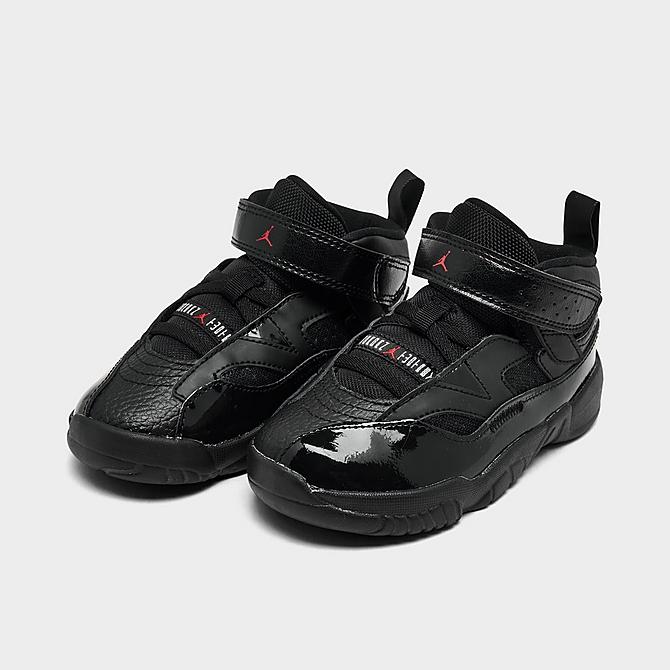 Three Quarter view of Kids' Toddler Jordan Jumpman Two Trey Basketball Shoes in Black/University Red/Black/White Click to zoom