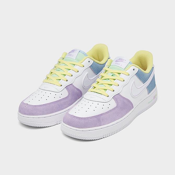 Three Quarter view of Little Kids' Nike Air Force 1 LV8 Casual Shoes in White/White/Light Zitron/Cucumber Calm Click to zoom