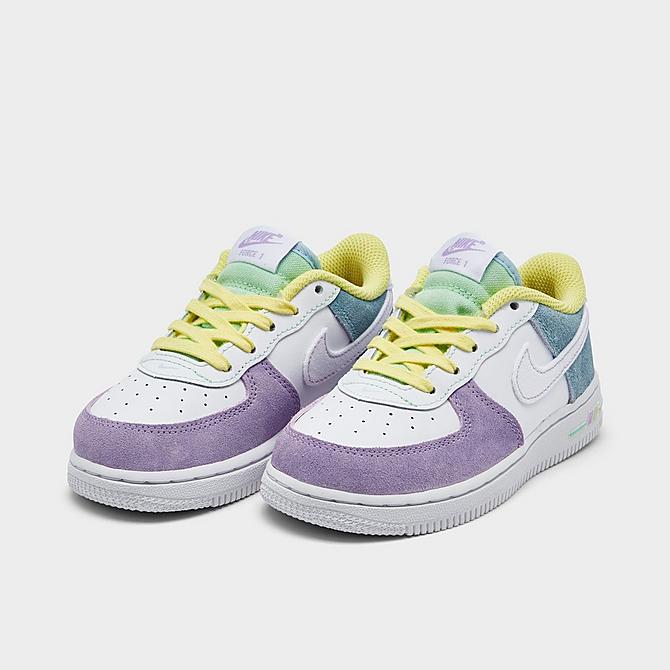 Three Quarter view of Kids' Toddler Nike Air Force 1 LV8 Casual Shoes in White/White/Light Zitron/Cucumber Calm Click to zoom