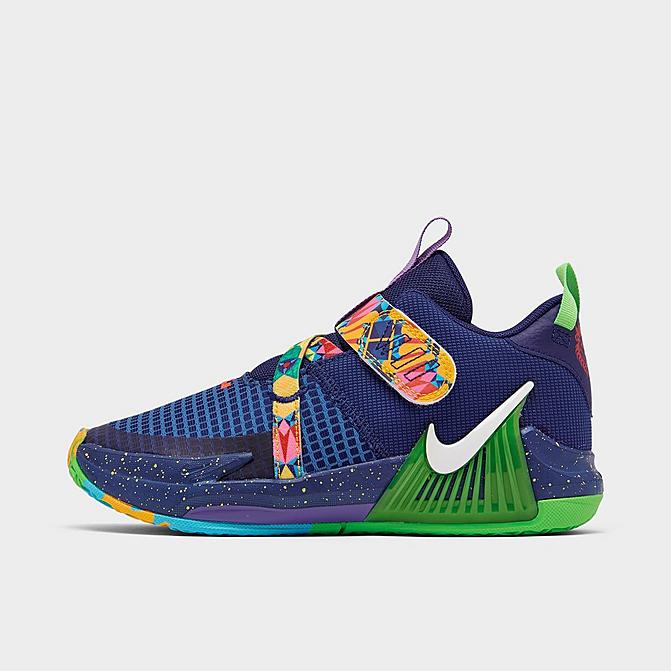 Right view of Little Kids' Nike LeBron Witness 7 Stretch Lace Basketball Shoes in Deep Royal Blue/White/Game Royal Click to zoom