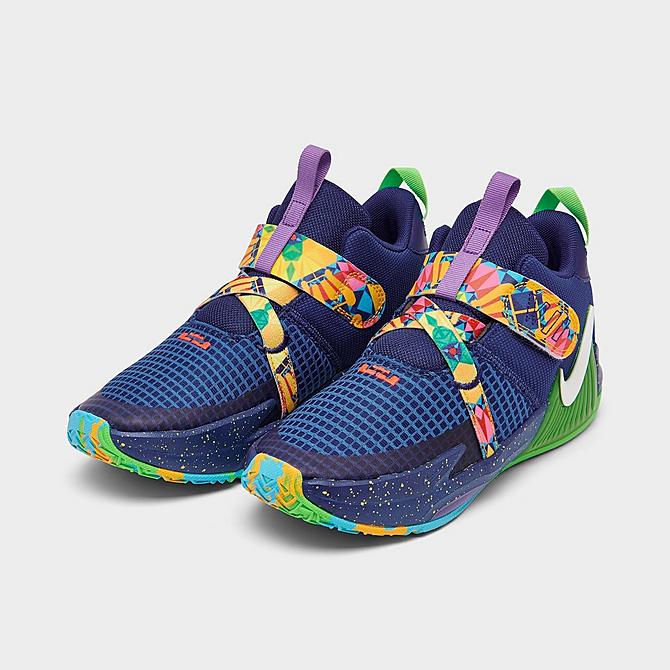 Three Quarter view of Little Kids' Nike LeBron Witness 7 Stretch Lace Basketball Shoes in Deep Royal Blue/White/Game Royal Click to zoom