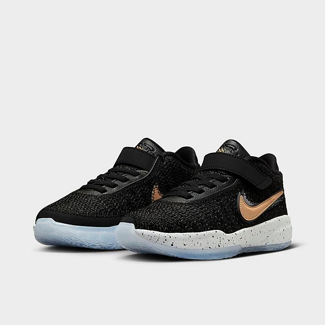 Three Quarter view of Little Kids' Nike LeBron 20 Stretch Lace Basketball Shoes in Black/White/Pure Platinum/Metallic Gold Click to zoom