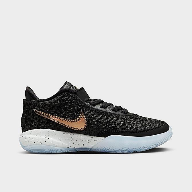Front view of Little Kids' Nike LeBron 20 Stretch Lace Basketball Shoes in Black/White/Pure Platinum/Metallic Gold Click to zoom