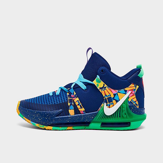 Right view of Big Kids' Nike LeBron Witness 7 Basketball Shoes in Deep Royal Blue/White/Game Royal/Electric Algae Click to zoom