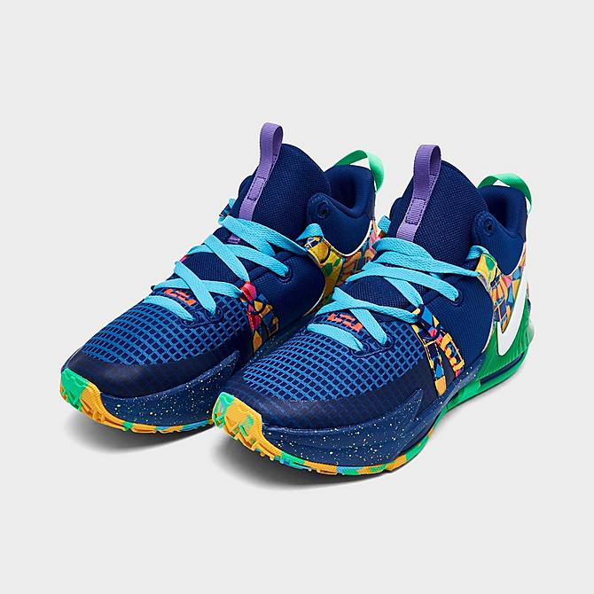 Three Quarter view of Big Kids' Nike LeBron Witness 7 Basketball Shoes in Deep Royal Blue/White/Game Royal/Electric Algae Click to zoom