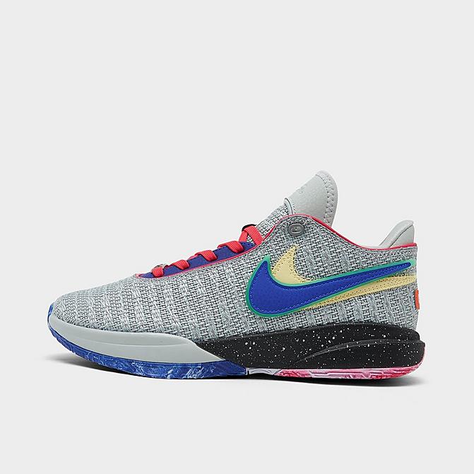 Right view of Big Kids' Nike Lebron 20 Basketball Shoes in Light Silver/Hyper Royal/Lemon Chiffon Click to zoom