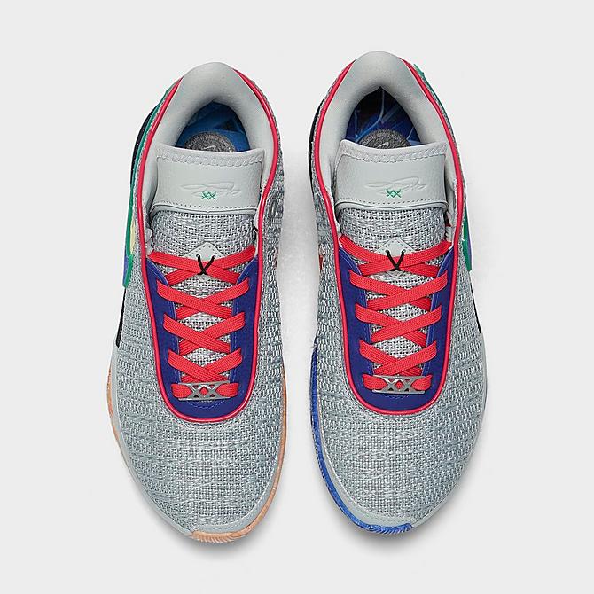 Back view of Big Kids' Nike Lebron 20 Basketball Shoes in Light Silver/Hyper Royal/Lemon Chiffon Click to zoom