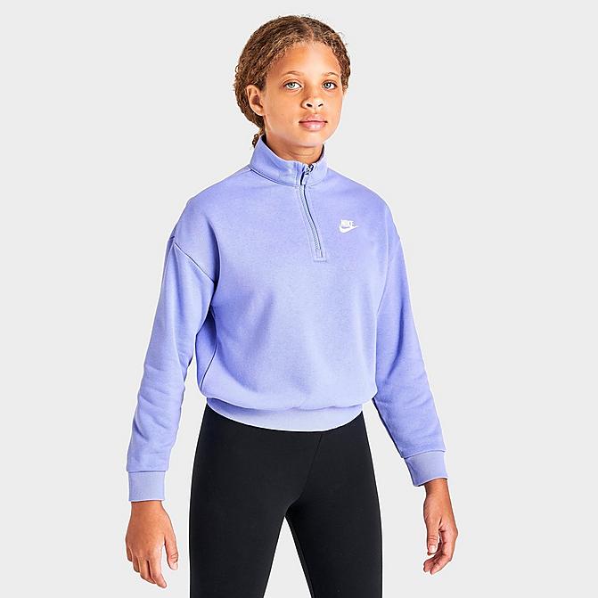 Front view of Girls' Nike Sportswear Club Fleece Quarter-Zip Top in Light Thistle Click to zoom