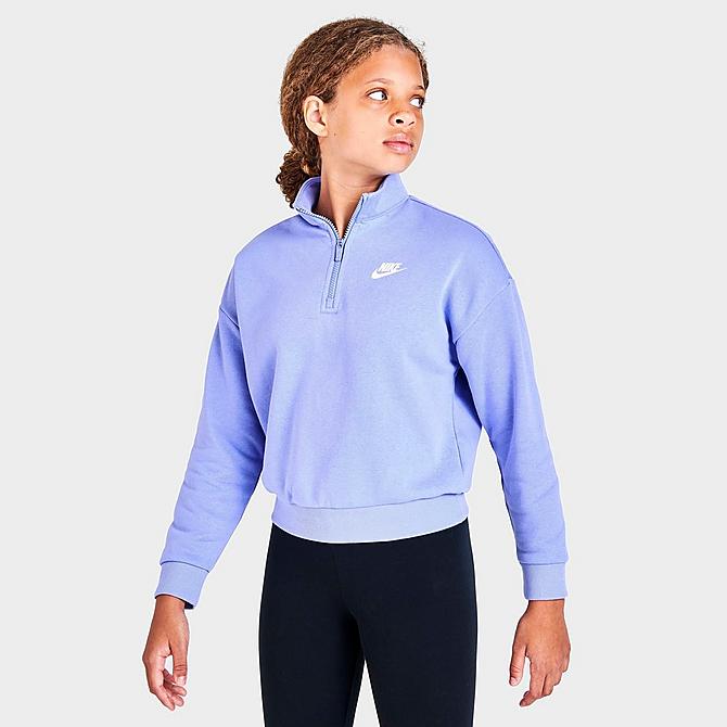 Back Left view of Girls' Nike Sportswear Club Fleece Quarter-Zip Top in Light Thistle Click to zoom
