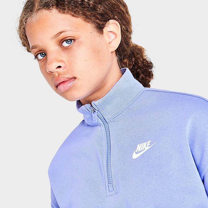 On Model 5 view of Girls' Nike Sportswear Club Fleece Quarter-Zip Top in Light Thistle Click to zoom