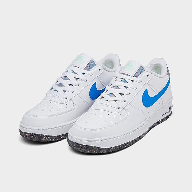 Three Quarter view of Big Kids' Nike Air Force 1 LV8 Casual Shoes in White/Light Photo Blue/Mint Foam Click to zoom