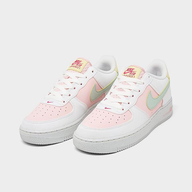 Three Quarter view of Big Kids' Nike Air Force 1 Impact Casual Shoes in Summit White/Seafoam/Atmosphere Click to zoom
