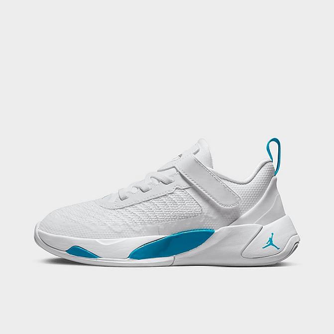 Right view of Little Kids' Jordan Luka 1 Basketball Shoes in White/Metallic Silver/Neo Turquoise Click to zoom