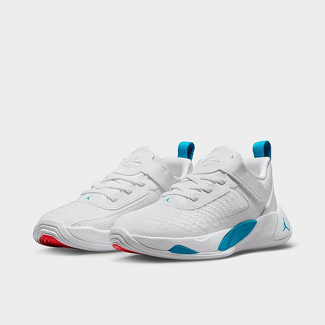 Three Quarter view of Little Kids' Jordan Luka 1 Basketball Shoes in White/Metallic Silver/Neo Turquoise Click to zoom