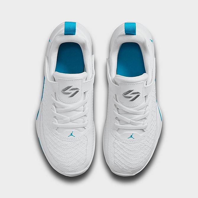 Back view of Little Kids' Jordan Luka 1 Basketball Shoes in White/Metallic Silver/Neo Turquoise Click to zoom