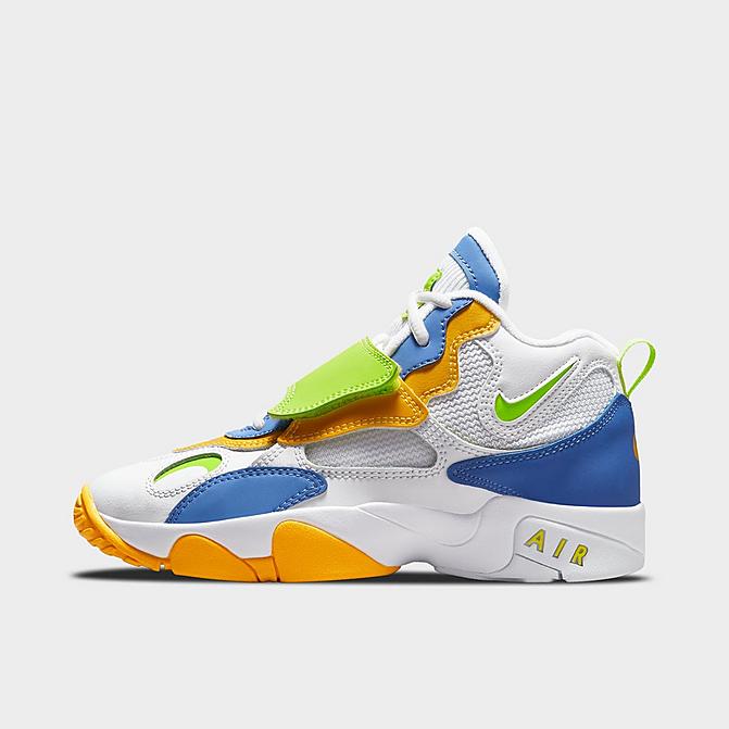 Right view of Big Kids’ Nike Air Speed Turf Casual Shoes in White/Medium Blue/University Gold/Atomic Green Click to zoom