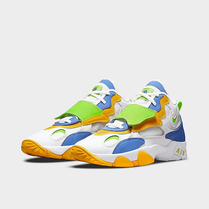 Three Quarter view of Big Kids’ Nike Air Speed Turf Casual Shoes in White/Medium Blue/University Gold/Atomic Green Click to zoom