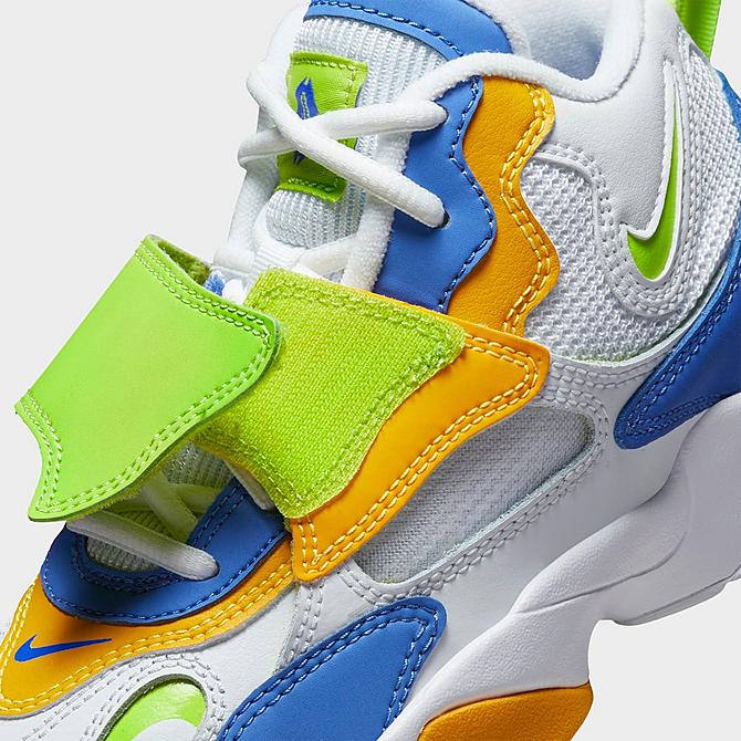 Front view of Big Kids’ Nike Air Speed Turf Casual Shoes in White/Medium Blue/University Gold/Atomic Green Click to zoom