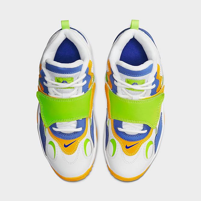 Back view of Big Kids’ Nike Air Speed Turf Casual Shoes in White/Medium Blue/University Gold/Atomic Green Click to zoom