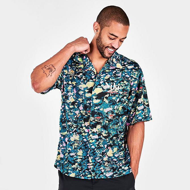 Back Left view of Men's Nike NK Trek Division Button-Down Shirt in Bright Spruce Click to zoom