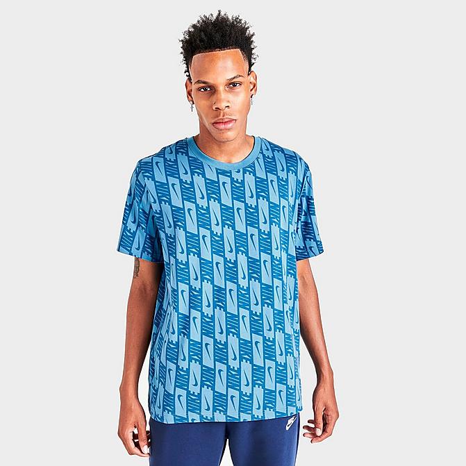 Front view of Men's Nike Sportswear Repeat Logo Graphic Print T-Shirt in Dutch Blue/Dark Marina Blue/White Click to zoom