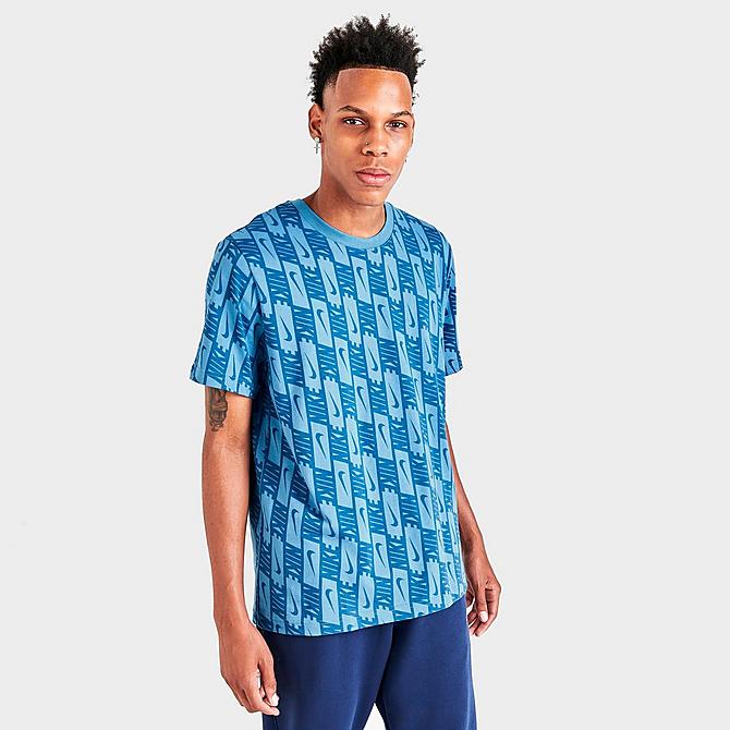 Back Left view of Men's Nike Sportswear Repeat Logo Graphic Print T-Shirt in Dutch Blue/Dark Marina Blue/White Click to zoom