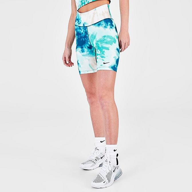 Front view of Women's Nike One Mid-Rise 7 Inch Tie-Dye Bike Shorts in Light Dew Click to zoom